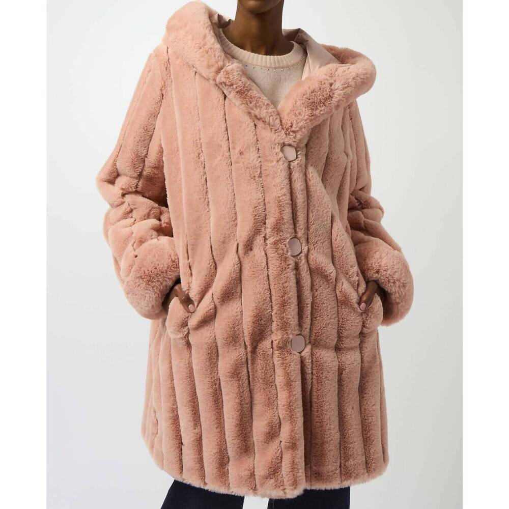 NEW JOSEPH RIBKOFF hooded reversible faux fur coat in rose